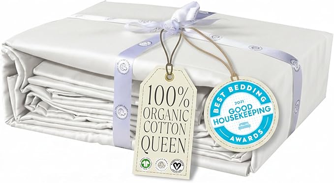 Delilah Home 100% Organic Cotton Queen Flat Sheet Set, GOTS & Vegan.org Verified, Long Stem 300 TC Sateen Bedding, Non-Synthetic, Deep Pocket Fitted Linen, Lightweight, All-Season, 4 Piece Set - White