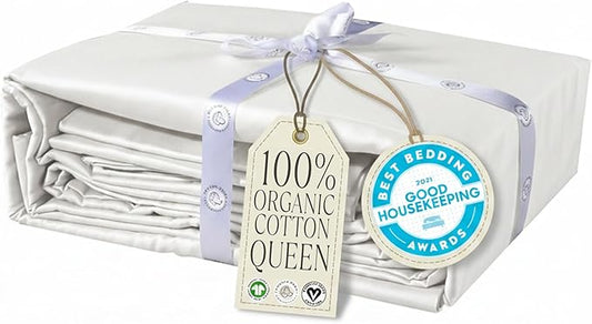 Delilah Home 100% Organic Cotton Queen Flat Sheet Set, GOTS & Vegan.org Verified, Long Stem 300 TC Sateen Bedding, Non-Synthetic, Deep Pocket Fitted Linen, Lightweight, All-Season, 4 Piece Set - White