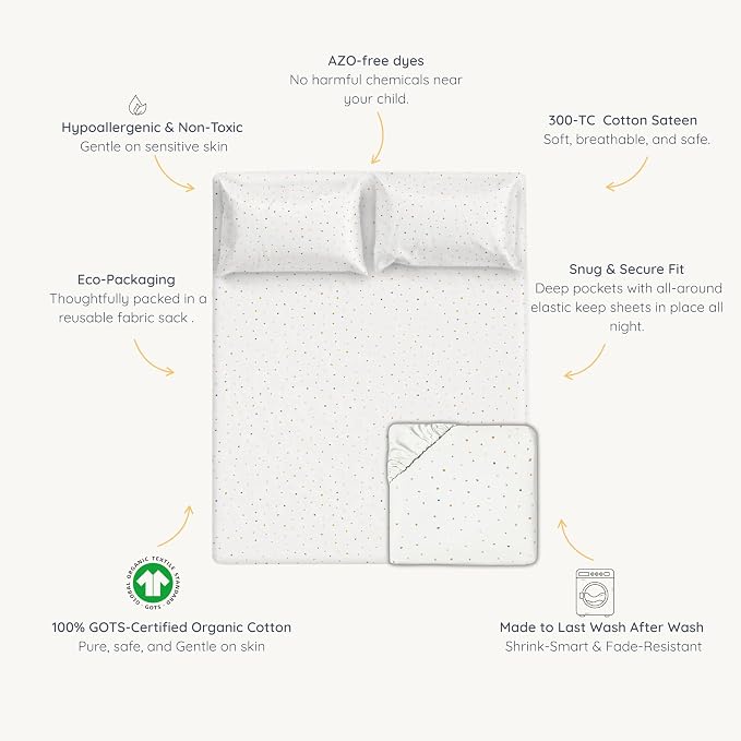 MakeMake Organics Organic Queen Fitted Sheet Set GOTS Certified Organic Cotton Fitted Sheet with Pillowcase Ultra Soft Non Toxic Breathable Colorful Dots Neutral Boys Girls (Queen, Dotty)