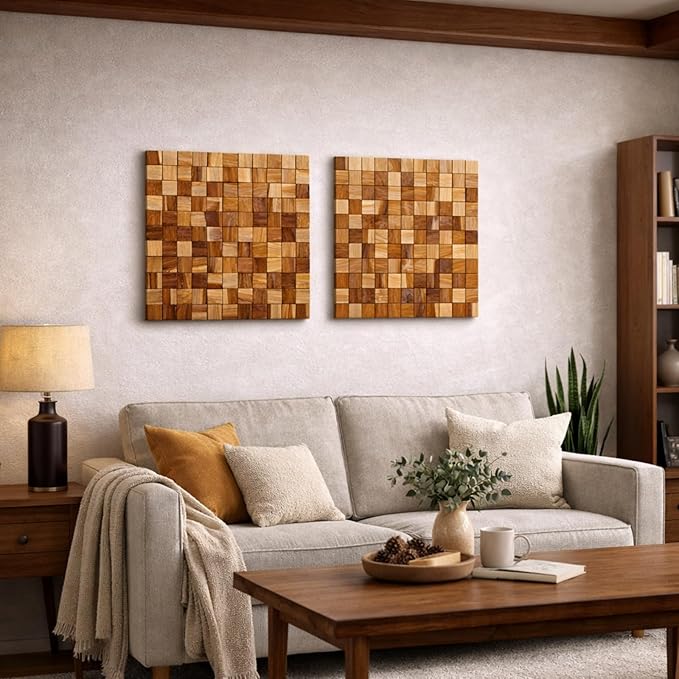 JOLLYMER Wood Wall Decor, Rustic Wooden Wall Art, Home Decorations for Living Room and Bedroom Aesthetic, Cubic, 13" x 13"