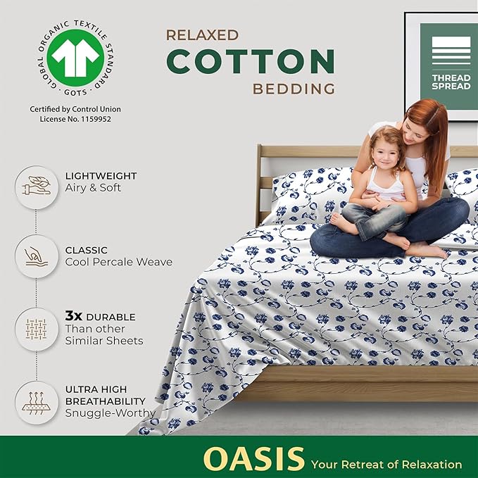 THREAD SPREAD 100% Organic Cotton Sheets California King Size - Organic Cotton Cal King Size Percale Sheet Set (4 PC, Floral Blue), Soft, Cooling & Crisp, 16" Deep Pocket Hotel Quality Bedding Set