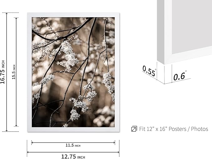 Monem Art Cherry Blossom Branch Photography Print - Moody Botanical Nature Art Poster - Wall Decor for Living Room, Bedroom or Office - 12x16 White Framed Wall Art by Mareike Bohmer