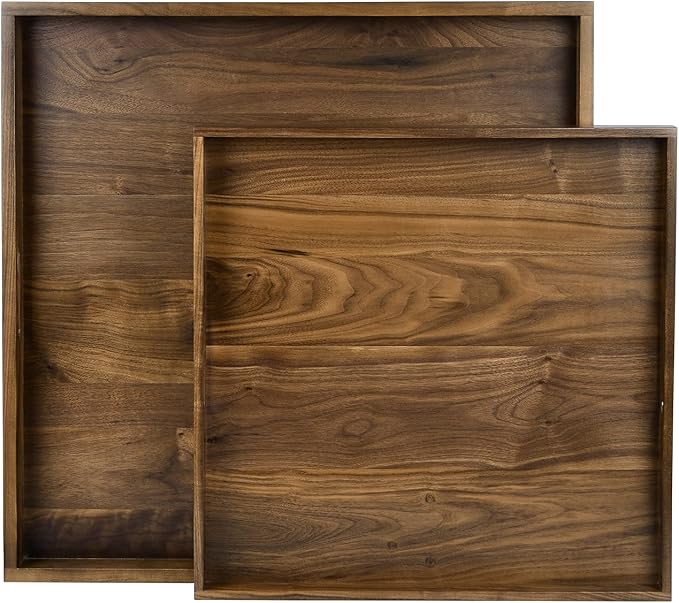 24 x 24 inches Black Walnut Extra Large Ottoman Tray Wood Trays with Handles Square Wooden Solid Serving Tray for Oversized Ottoman Living Room