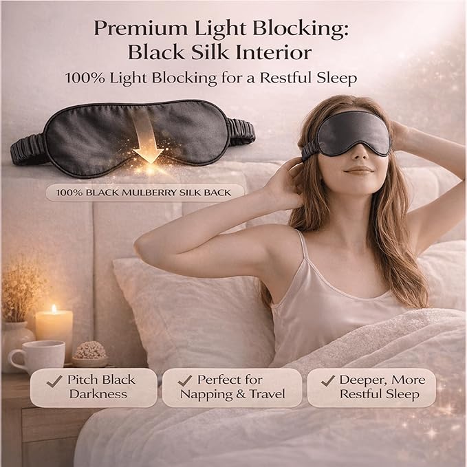 100% Mulberry Silk Sleep Mask for Women/Men Airplane Travel, Pure 22 Momme Silk Eye Mask Blackout for Sleeping, Ajustable, Luxury, Anti Wrinkle, Anti Aging Silk Blindfold, Made in USA (Slate Gray)