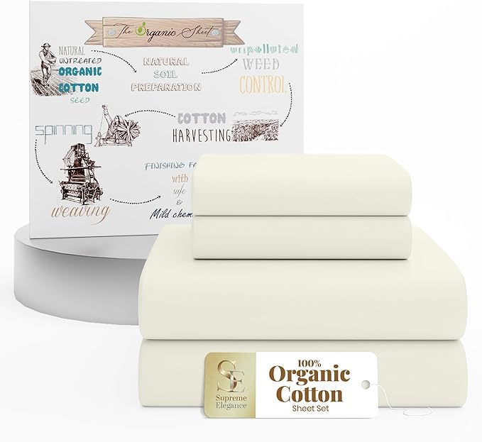 SUPREME ELEGANCE 100% Organic Cotton King Sheets Set - 4 Pieces Cotton Percale Bed Sheets Set with 16 Inches Deep Pocket Fitted Sheet - Cooling, Crisp, Breathable & Brushed for Softness - Light Ivory