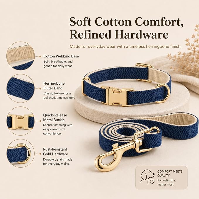 Herringbone Tweed Dog Collar and Leash Set for Large Dogs, Navy Blue | Snag-free, no-rub design. Soft breathable cotton, gentle on fur. Adjustable durable matching combo for walks & outdoors.