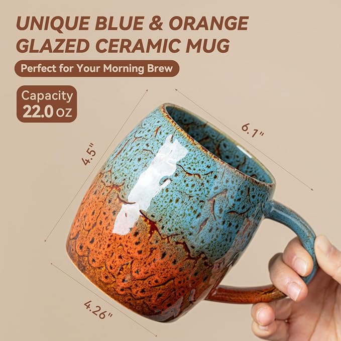 Handmade 22oz Ceramic Coffee Mug, Ergonomic Large Handle, Ideal Gift for Coffee Lovers, Microwave & Dishwasher Safe (Bas-Relief - Blue&Orange)