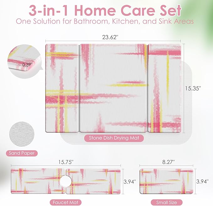 3 PCS Large Stone Dish Drying Mat for Kitchen Counter -24"x16" Absorbent Diatomaceous Earth Mat with Stone Faucet Mat & Soap Tray - Quick Dry, Collapsible, Non-Slip Countertop Organizer