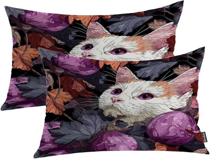 Shrahala Cute Cat Decorative Throw Pillow Cover, Cat Among Purple Fruits Lumbar Pillowcase Blended Double-Sided No Inserts for Bedroom Living Room Set of 2 (12 x 20 in)