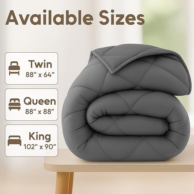 LUX Décor Lightweight Comforter Queen Size - Soft Breathable Down Alternative Diamond Stitched, All Season Grey Comforter with Double Stitched Piping, Oeko-TEX