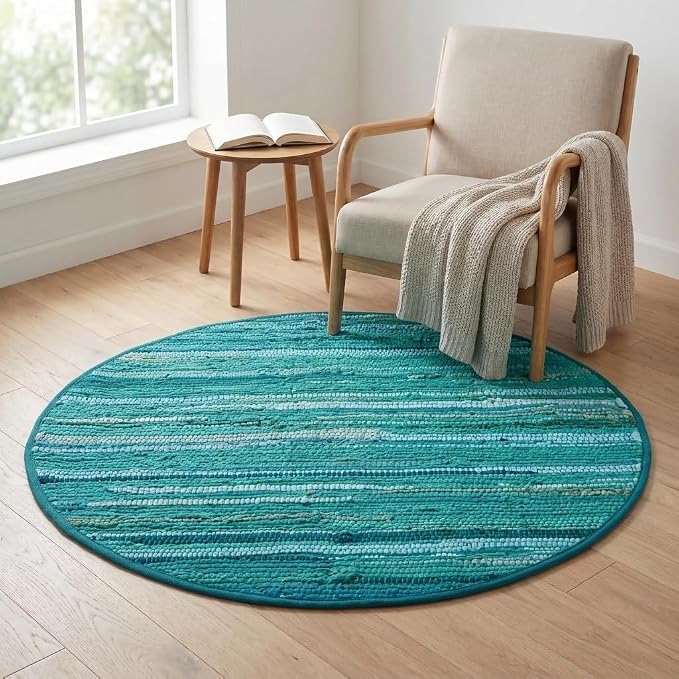 Cotton Hand Woven Chindi Area Rug 4 Feet Round - Teal, Reversible Circle Green Dinning Space Floor Rugs Ideal for Bedroom, Living Room, Kitchen | Large Farmhouse Recycled Patio Mats for Balcony Décor