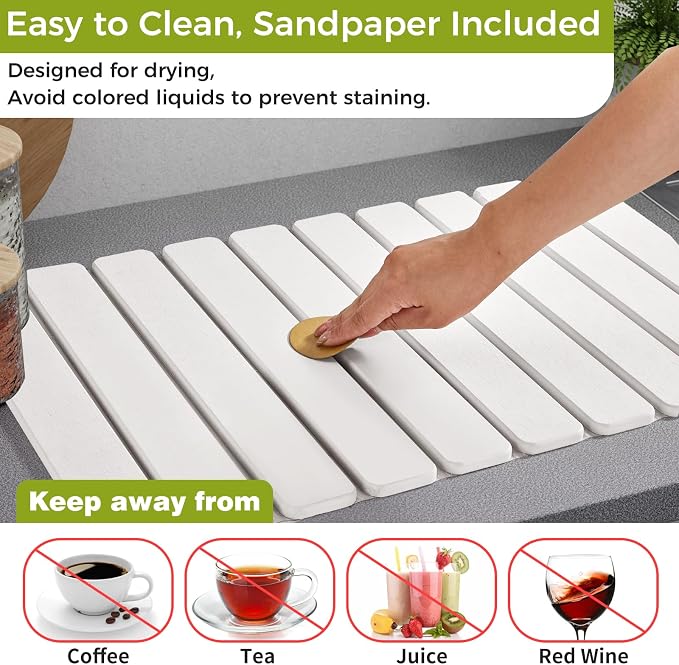 24’’ Larger Stone Dish Drying Mat [Super Absorbent, 30s Quick Drying] Stone Drying Mat for Kitchen Counter Collapsible Drying Matt Kitchen Counter Dish Drying Stone Mat Kitchen Sink Diatomaceous Earth