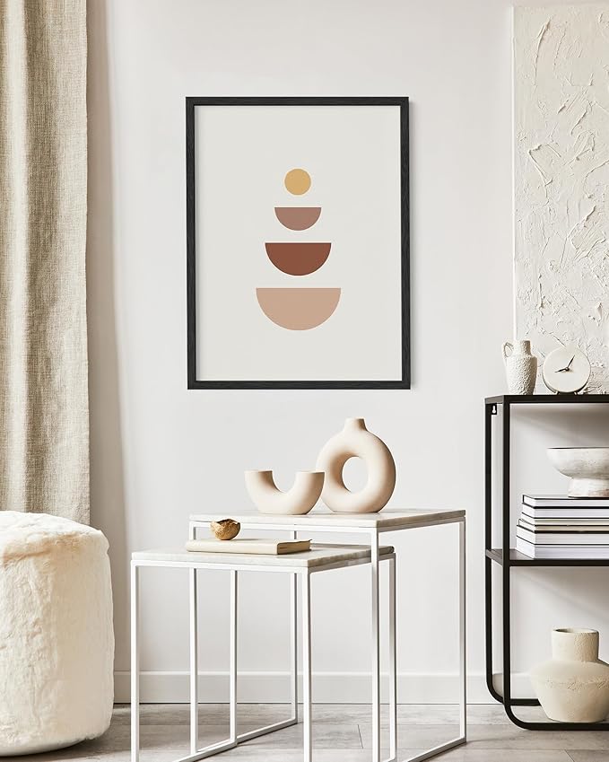 Minimalist Geometric Wall Art Stacked Semi-Circle Shapes Earth Tones Terracotta Brown Mid Century Modern 16x20 Inch Oak Wood Black Framed Abstract Print for Office