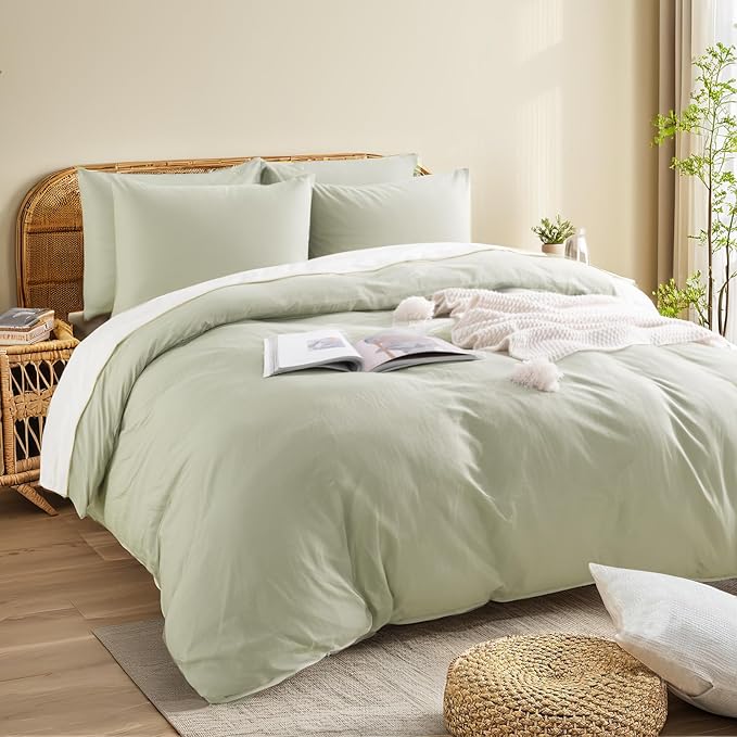 NEXHOME PRO Queen Duvet Cover Set – 100% Certified Organic Cotton with Washed Feel & Linen-Like Texture, Comfortable & Breathable, Home Bedding Set Sage Green (No Comforter)