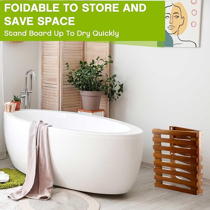 Geelin Wood Bath Mat 26'' x 16'' Foldable Shower Mat Bathroom Non Slip Waterproof Wooden Shower Rug Bathroom Carpet for Spa Home Bathtub Floor Indoor Outdoor Doorway Patio Sauna Yard Pool, Natural