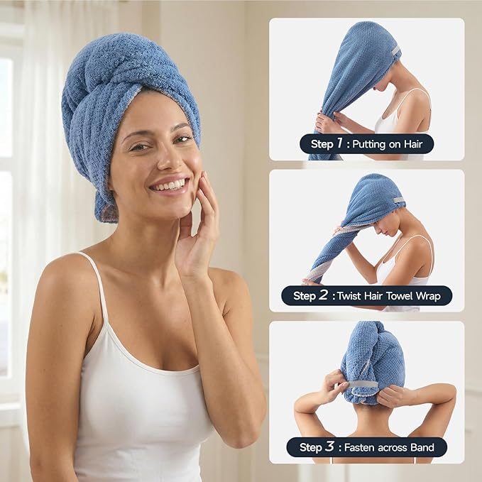 REDKISS Microfiber Hair Towel Wrap for Women, Double Sided Hair Towels with Elastic Strap, Super Absorbent Quick Dry Hair Drying Towel for Long, Thick, Curly Hair, Anti-Frizz Turban (Blue & Gray)