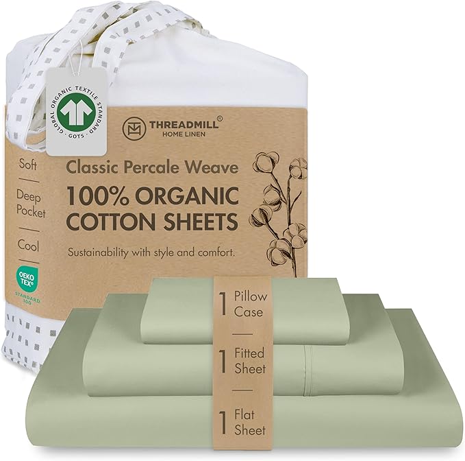 Threadmill 100% Organic Cotton Twin Sheet Set - GOTS Certified, 3 Piece, Sage Green - Soft and Breathable Sheets with All-Round Elastic Deep Pocket for Snug Fit, Healthy Bedding Set
