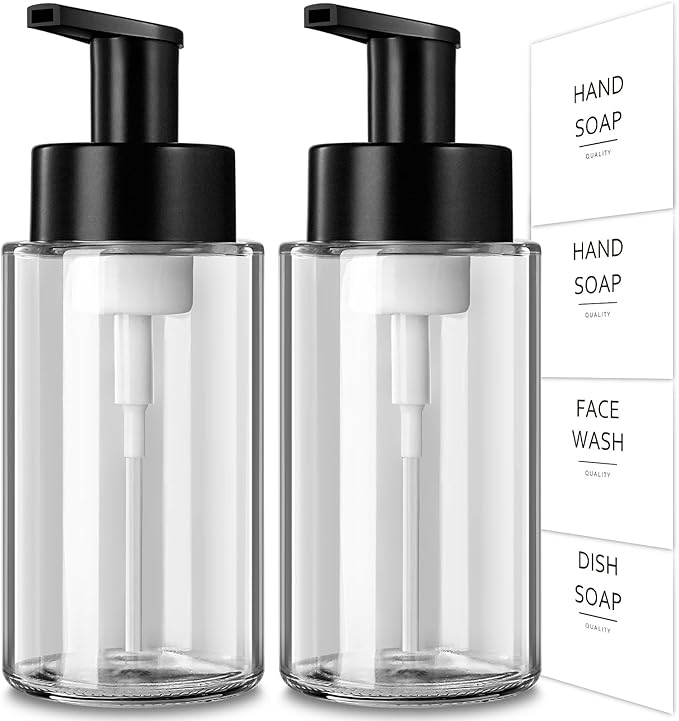 RYTOXILO Foaming Soap Dispenser, 10 oz/300ml Foaming Hand Soap Dispenser, 2 Pack Glass Foaming Soap Dispenser for Bathroom Kitchen, Clear Refillable Foam Soap Dispenser Bottle with Waterproof Labels