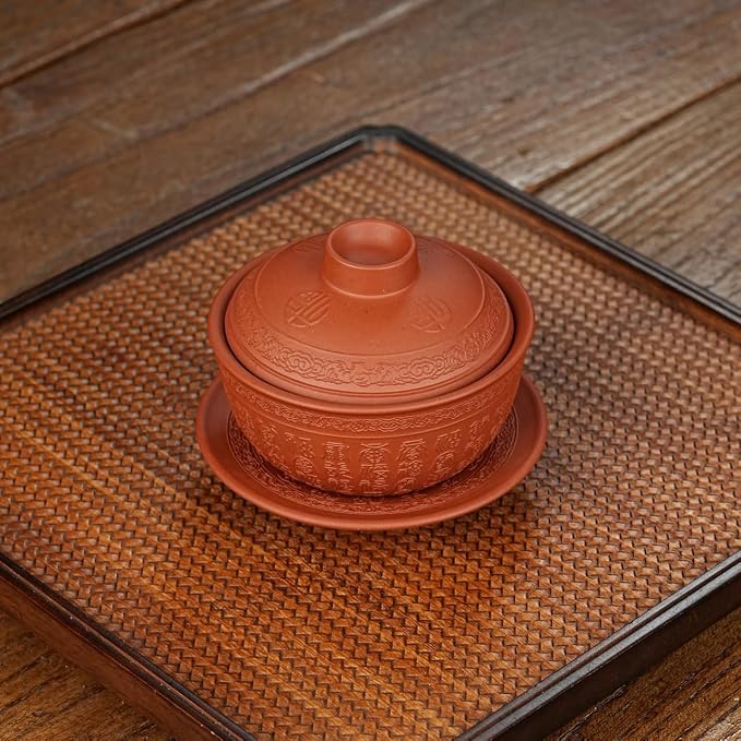 Yixing Zisha Purple Clay Gaiwan 5 Oz/ 150ml,Chinese Kungfu Tea Bowl Cup,Blooming and Loose Leaf Tea Maker Set -Baifu,Red Clay