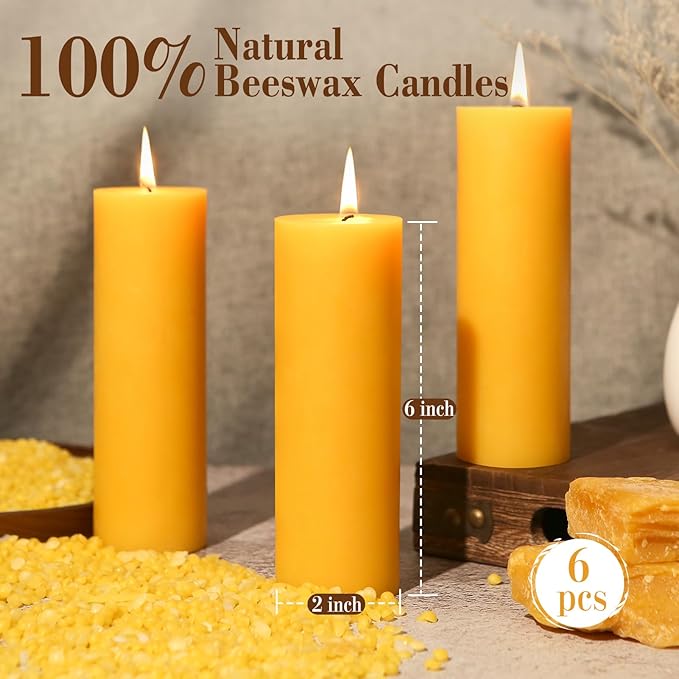 6 Pack Natural Beeswax Pillar Candles 2x6in,360 Hours Long Burning Unscented Beeswax Candles,100% Pure Bees Wax Candles for Home,Emergency,Dripless Pillar Candle Bulk