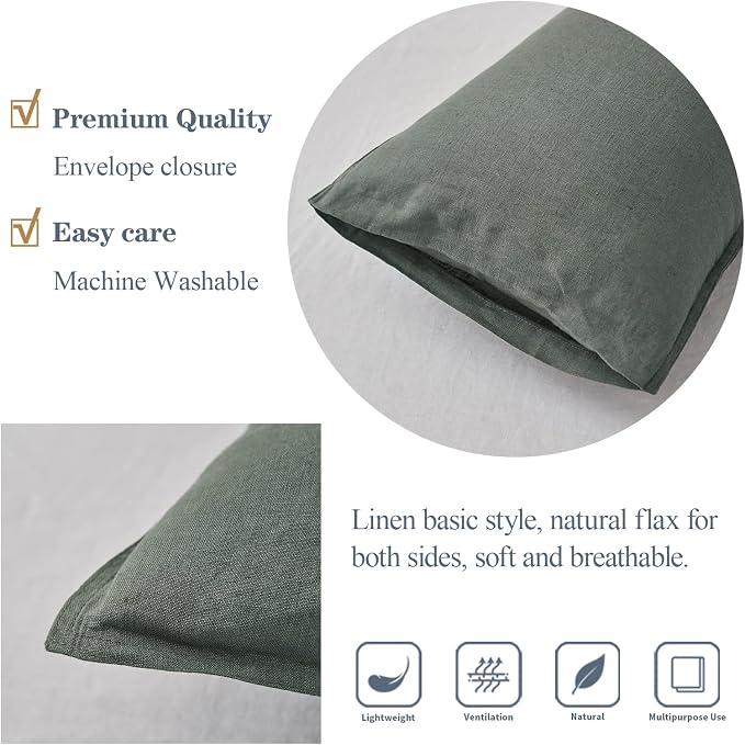 Simple&Opulence 100% Linen Lumbar Pillow Cover 12 x 20 Inches Set of 2 Rectangular Decorative Throw Cushion Cover for Couch Sofa Bed Living Room Office Soft Breathable Farmhouse - Cushing Green