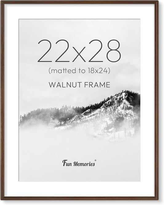 22x28 Picture Frame with Mat for 18x24, USA-Sourced Walnut Wood Handcrafted Rounded Corner with HD Tempered Glass, 22 x 28 Gallery Wall Frames for Posters & Art Prints, Vertically or Horizontally