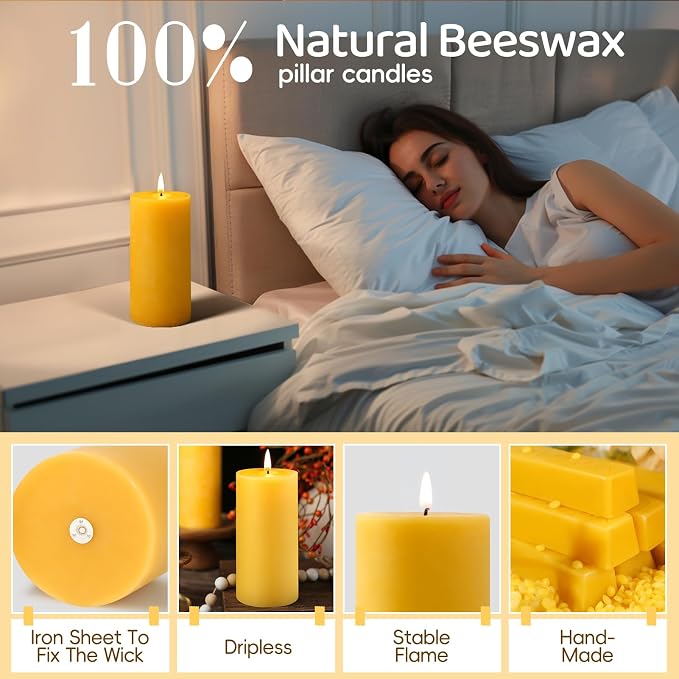 3 Pack Natural Beeswax Pillar Candles,100% Pure Beeswax Candles-285 Hours Long Burning,2.8x6in Unscented Bees Wax Candle for Home,Prayer,Emergency,Dripless Smokeless Organic Pillar Candle Bluk