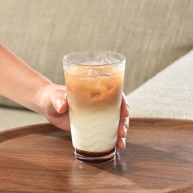 ALINK 16 oz Vintage Drinking Glasses, Set of 6 Wave Line Highball Glass Cups Bar Glasses, Clear Heavy Base Stemmed Water Glasses for Beer, Iced Coffee, Cocktail, Wine, Iced Tea, Dishwasher Safe