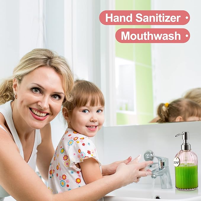 MOCLIF 16OZ Fashion Stripe Clear Glass Refillable Soap Dispenser with 304 Stainless Steel Pump Premium Soap Dispenser， for Kitchen, Bathroom, Hand Sanitizer, Liquid Soap, Lotion, etc. (Clear Pink)