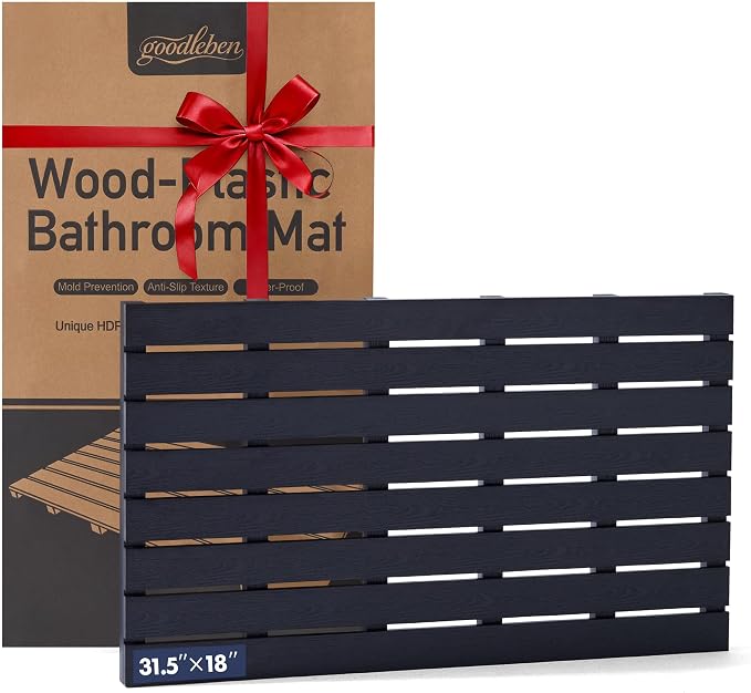 Bamboo-Design Bath Mat, Heavy Duty HDPS Plastic, 31.5"x18", 400lb Support, 100% Waterproof & Fadeproof, Superior to Real Bamboo for Bathroom Shower Spa Sauna Poolside Outdoor (Black Color)