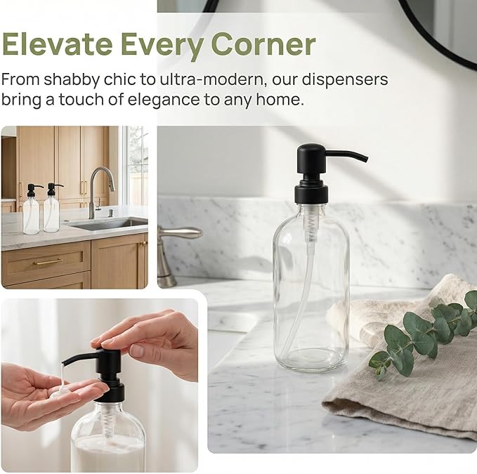 4 Pack Glass Soap Dispenser with Matte Black Stainless Steel Pump, 16 Oz Clear Boston Round Bottles Bathroom Kitchen Soap Dispenser for Essential Oil, Dish Soap, Hand Soap, Lotion Soap