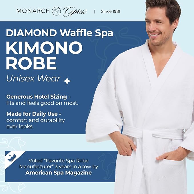 MONARCH Unisex Diamond Waffle Spa Kimono Robe – Soft Lightweight Fabric, Generously Sized Hotel & Spa Robe with Pockets