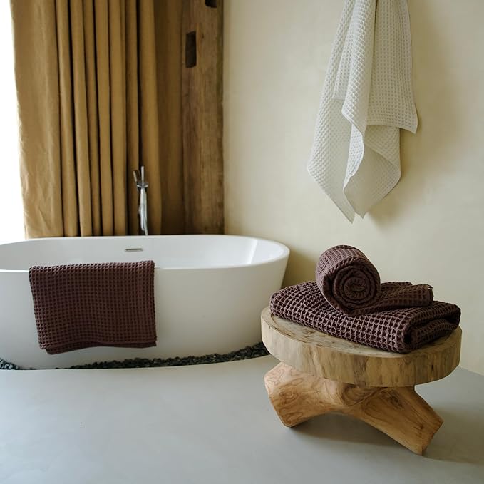 Luxury Organic Japanese Cotton Waffle Bath Towel | Thick, Absorbent, Quick Dry Bathroom Towels for Shower, Sauna, Onsen| Hotel & Spa Quality, Gift-Ready (Dark Cocoa, Hand Towel (3 Pack))