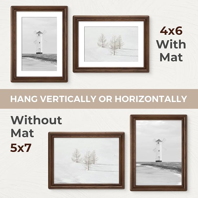 5x7 Picture Frame with Mat for 4x6, USA-Sourced Walnut Wood Handcrafted Rounded Corner with HD Tempered Glass, 5 x 7 Photo Frames Gallery Wall & Tabletop, Vertically or Horizontally, 2 Pack