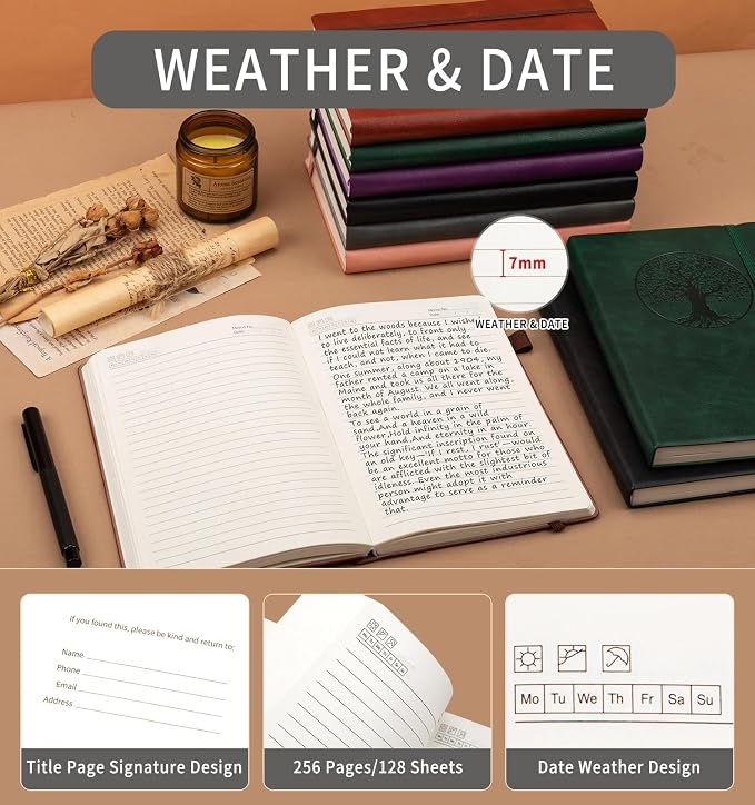 Lined Journal Notebook, A5 Leather Vintage Journals for Writing, 256 Pages College Ruled Notepad for Women Men, Vegan Leather Daily Notebook for Work, School, Travel, Note Taking(Tree of Life, Grey)