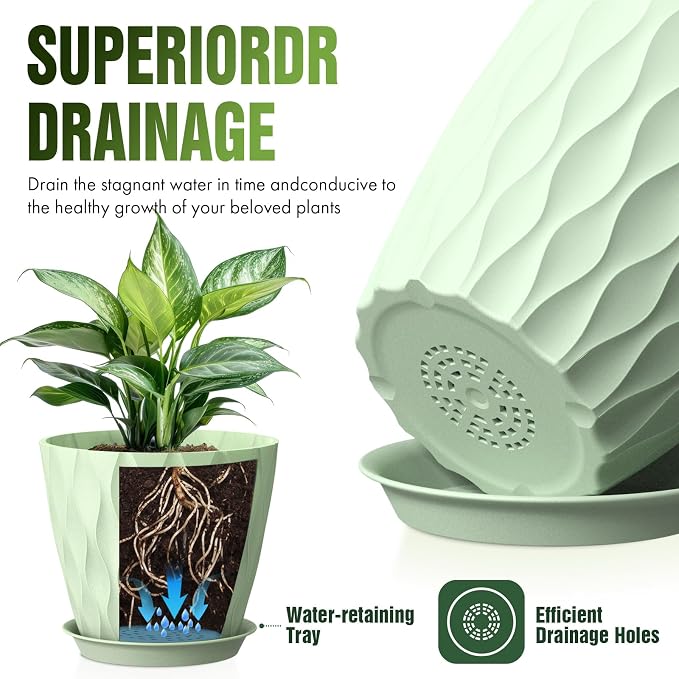 8 Inch Plant Pots 4 Pack Plastic Planters with Drainage & Saucers | 8 inch 4 pack plastic plant pots with 3D water ripple texture, drainage holes and saucers for indoor outdoor plants