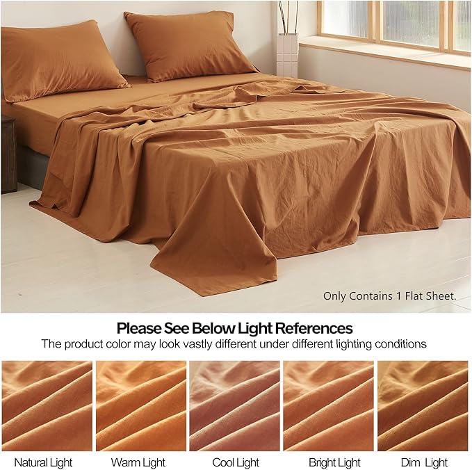 BISELINA Linen Sheet French Flax Flat Sheet Only 55% Euro Linen 45% Cotton Basic Style Solid Color Soft Breathable Farmhouse Top Sheet 1-Piece (Twin, Rust)