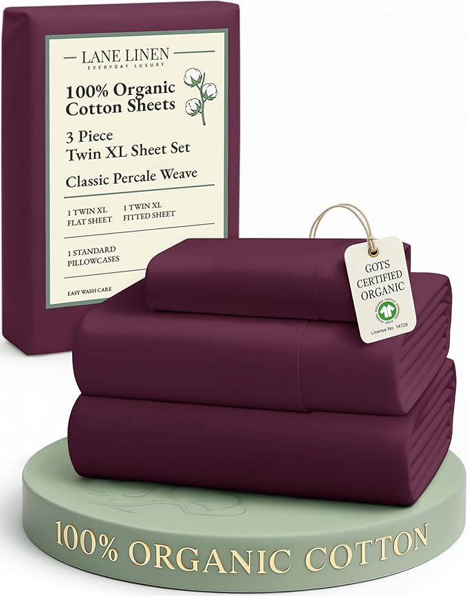 LANE LINEN 100% Organic Cotton Eco Friendly Sustainably Produced Twin XL Sheet Set, Mercerized Soft & Comfy Extra Long Twin Bedding Set, Naturally Cooling Cotton Sheets- Windsor Wine