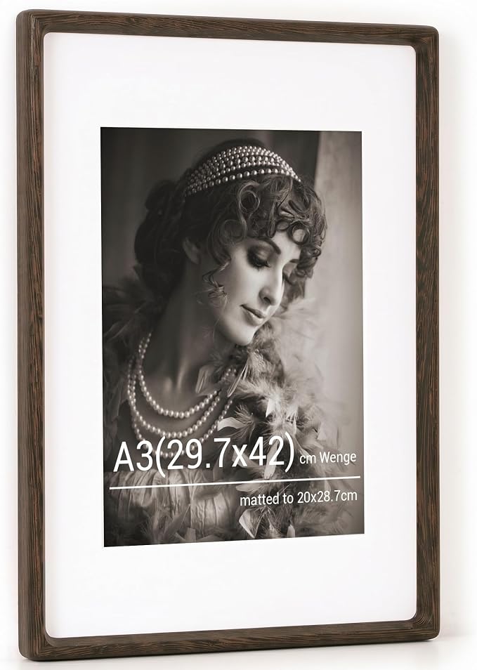 Fun Memories A3 Picture Frame, Natural Solid Wenge Wood Photo Frames with HD Tempered Glass, Handcrafted Rounded Corner A3 Wooden Frame Matted to A4 Photos, Tabletop or Wall Display