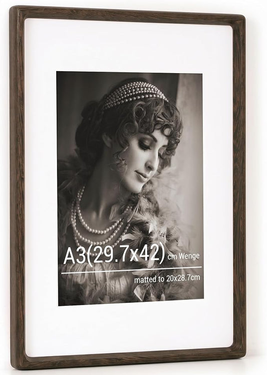 Fun Memories A3 Picture Frame, Natural Solid Wenge Wood Photo Frames with HD Tempered Glass, Handcrafted Rounded Corner A3 Wooden Frame Matted to A4 Photos, Tabletop or Wall Display