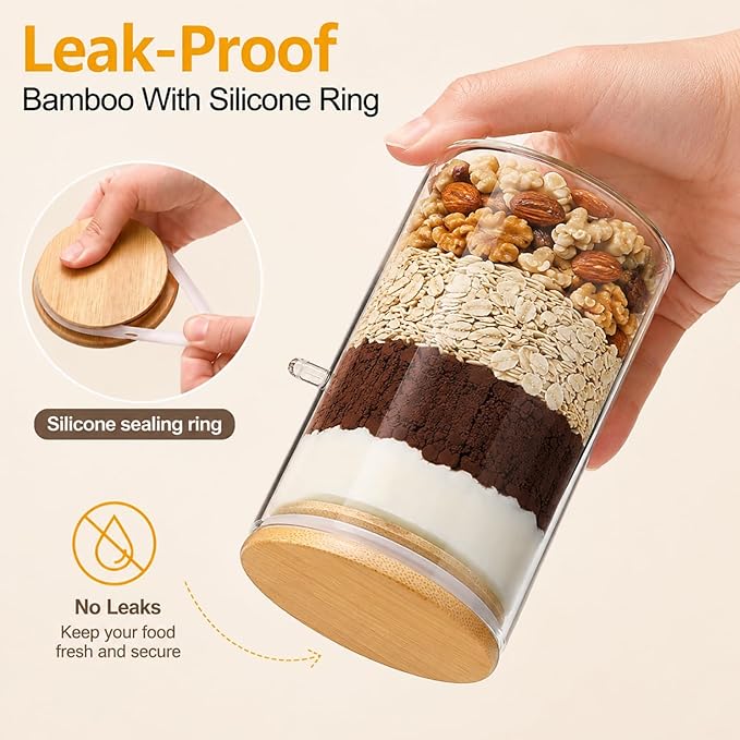 ZOOFOX 6 Pack Airtight Glass Jars with Bamboo Lids and Spoons, 17 oz Glass Sugar Container with Airtight Lid, Clear Storage Canister for Overnight Oats, Cookie, Coffee, Spice, Tea, Cereals, Condiment
