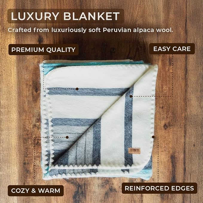 Alpaca Wool Throw Blanket | Ultra Soft, Lightweight, Warm, Breathable, Non-Itchy | Classic, Elegant-Minimalist Design for Bed, Couch, Travel, or Gift | 90" L x 64" W (Sea Tones)