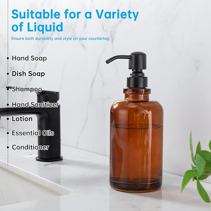 Amber Glass Soap Dispenser, 17oz 500ml Refillable Liquid Hand Soap Dispenser, 304 Stainless Steel Pump Leakproof Lotion Container for Bathroom Kitchen Sink Vanity Countertop