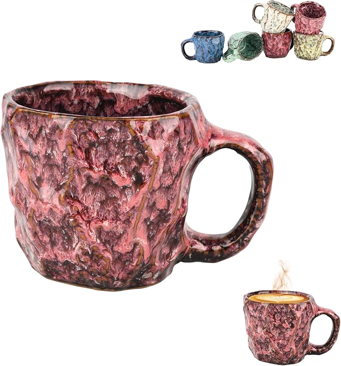 DorkTees 9oz Handmade Reactive Glaze Stoneware Coffee Mug, Luxury Rustic Textured Cup with Handle, High-Fired Ceramic Mug, Microwave & Dishwasher Safe, Gift for Coffee Lovers. (Pink)