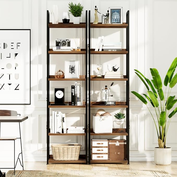 NUMENN Narrow Bookshelf, 6 Tier Bookshelves, Home Office Bookcase Shelf Storage Organizer, Free Standing Storage Shelving Unit for Bedroom, Living Room and Home Office, Vintage