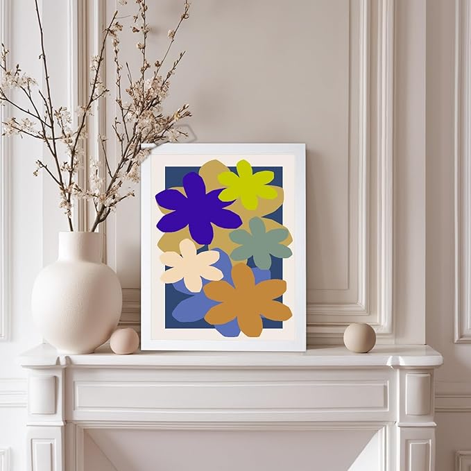 Monem Art Colorful Abstract Floral Shapes Print - Modern Minimalist Flower Art Poster - Wall Decor for Living Room, Bedroom or Office - 12x16 White Framed Wall Art by Rs Lab Studio