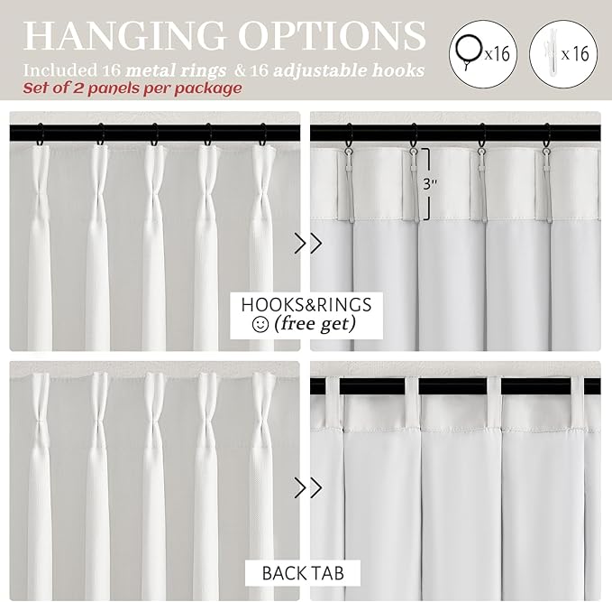 Pinch Pleated Drapes 2 Panel Set Blackout Curtains 90 Inches Long for Kids Room, Petty Faux Linen Memory Trained Pleat Pure White Curtain with Hooks Rings Heat Blocking Nursery Window Burg 40"W x 90"L