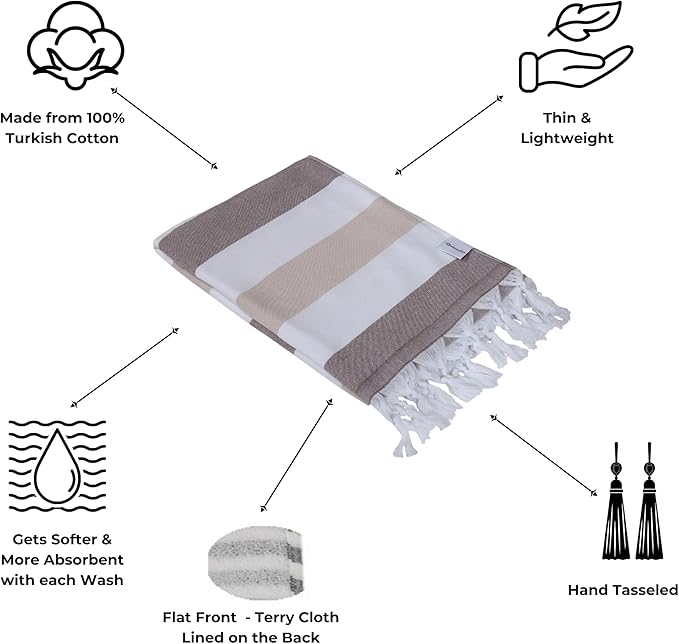 InfuseZen Terry Cloth Lined Turkish Bath & Beach Towel – Striped Design - 100% Organic Turkish Cotton - Soft, Lightweight, Absorbent Peshtemal - Quick Dry for Beach, Bath, Throw, Travel - Brown/Beige