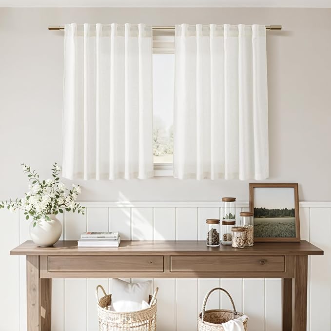 Nanspring Beige White Kitchen Curtains 36 Inch Length,Linen Blend Small Cafe Curtain Light Filtering Short Window Curtains for Bathroom Basement Back Tab and Rod Pocket,40 x 36 Inch 2 Panels