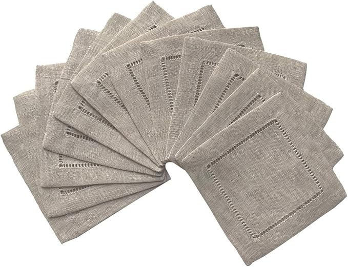 Ladder Hemstitch 100% Natural Linen Cocktail Napkins 4"x4" - A Dozen Cloth Napkin Coasters-Set of 12 Linen Beverage Party Cocktail Napkin